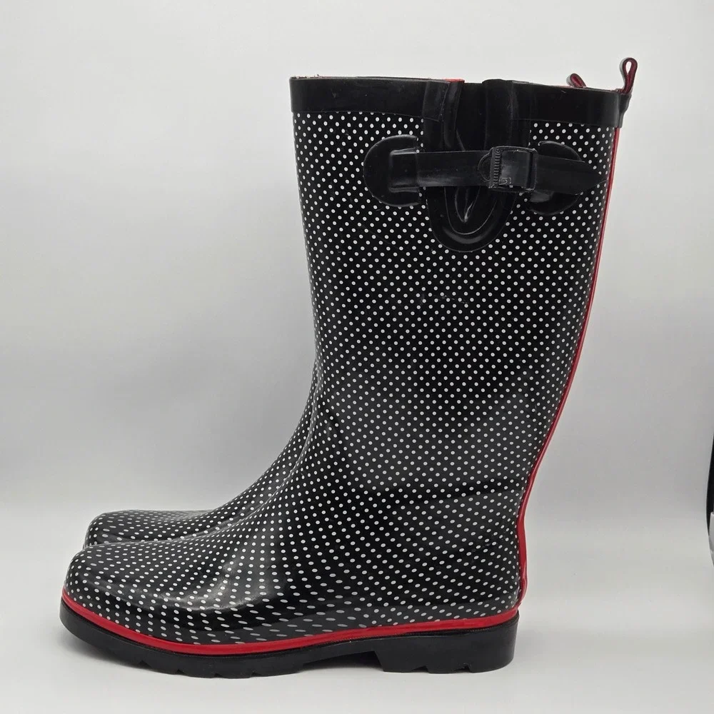 Capelli New York Rain Boots Women 10 Black Polka Dot Waterproof Rockabilly